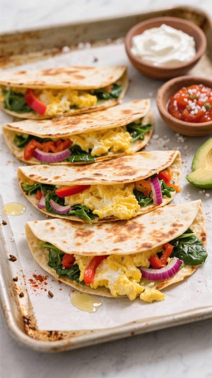 Wide overhead shot of Sheet-Pan Breakfast Quesadillas fresh from the oven on parchment-lined tray: three quesadillas with evenly crisped, golden tortillas brushed with oil; wedges cut to reveal fluffy scrambled eggs seasoned with cumin and chili powder, melted Mexican blend cheese, chopped spinach, red bell pepper, and red onion; small bowls of salsa, sour cream, and avocado slices at the side; a few flakes of sea salt on top; bright, oven-baked sheen and steam hints for appetizing warmth.