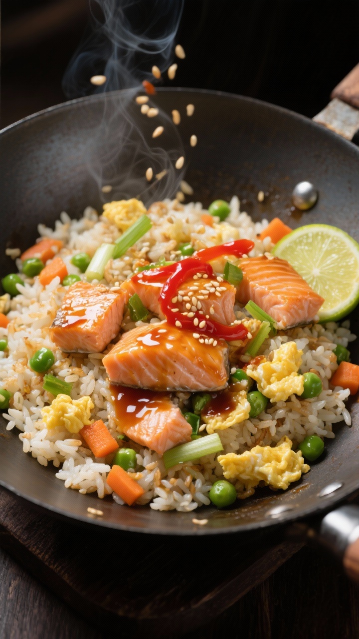 Wok-in-motion overhead shot: Honey-sriracha salmon fried rice in a large carbon steel skillet—day-old jasmine rice with light toasty bits, scrambled egg curds, peas and carrots, scallion whites and greens; flaky chunks of salmon folded in; glossy sauce pooling slightly (soy/tamari, honey, sriracha, rice vinegar); sesame seeds sprinkled, extra sriracha ribboned on top; lime wedge on the side; high-contrast lighting to capture steam and sheen, vibrant spicy-sweet mood.