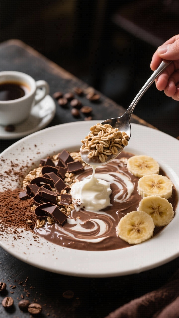 45-degree action-close of Mocha Banana Buzz oats being spooned: oats soaked with cooled strong brewed coffee and milk, Greek yogurt, mashed ripe banana, and unsweetened cocoa powder; surface sprinkled with micro chocolate curls and a few banana slices; espresso cup and scattered coffee beans as props, moody café lighting, rich contrast to emphasize mocha tones and creamy swirls.