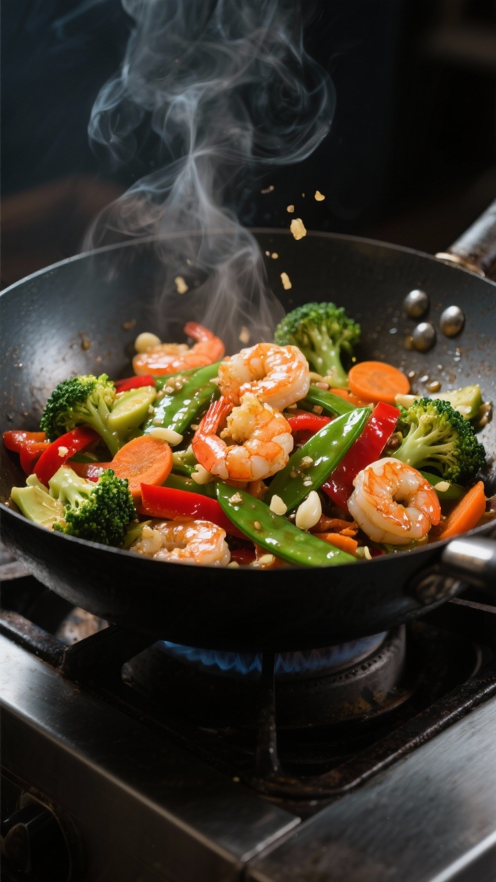 45-degree action shot of a garlic-ginger shrimp stir-fry in a wok, medium shrimp glistening with avocado oil tossed with broccoli florets, red bell pepper strips, thinly sliced carrot rounds, and sugar snap peas; visible minced garlic and ginger clinging to the shrimp, steam rising, glossy sauce sheen, dark wok contrasts with bright vegetables, set on a stainless stove surface, moody side light for texture.