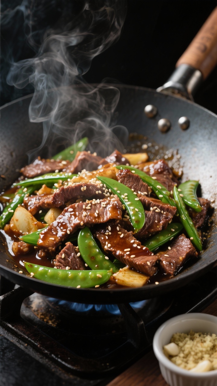 45-degree action shot of a sizzling ginger-garlic beef stir-fry in a carbon-steel wok: thinly sliced sirloin seared with snap peas, glossy sauce clinging to the beef made from low-sodium soy sauce, rice vinegar, oyster/hoisin, cornstarch, and sesame oil; steam rising, micro-bubbles on the sauce, sprinkled with sesame seeds; set on a dark stovetop with a small ramekin of grated ginger and minced garlic in frame.