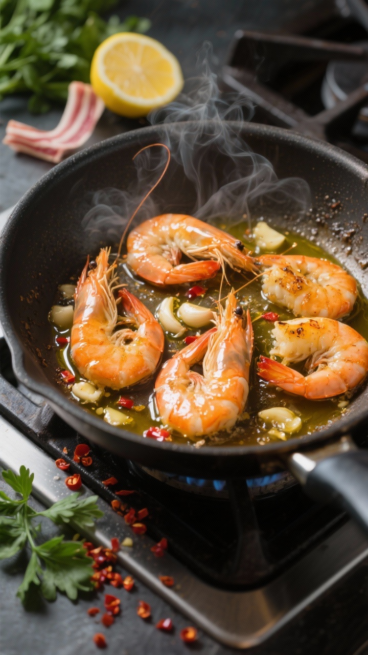 45-degree action shot of a skillet on the stovetop with large shrimp sizzling in olive oil and melted butter, garlic bits and red pepper flakes scattered, lemon halves and zest ribbons nearby; parsley being sprinkled over the glossy, just-turned shrimp; steam visible, high-contrast lighting to capture the golden sear and buttery sheen.