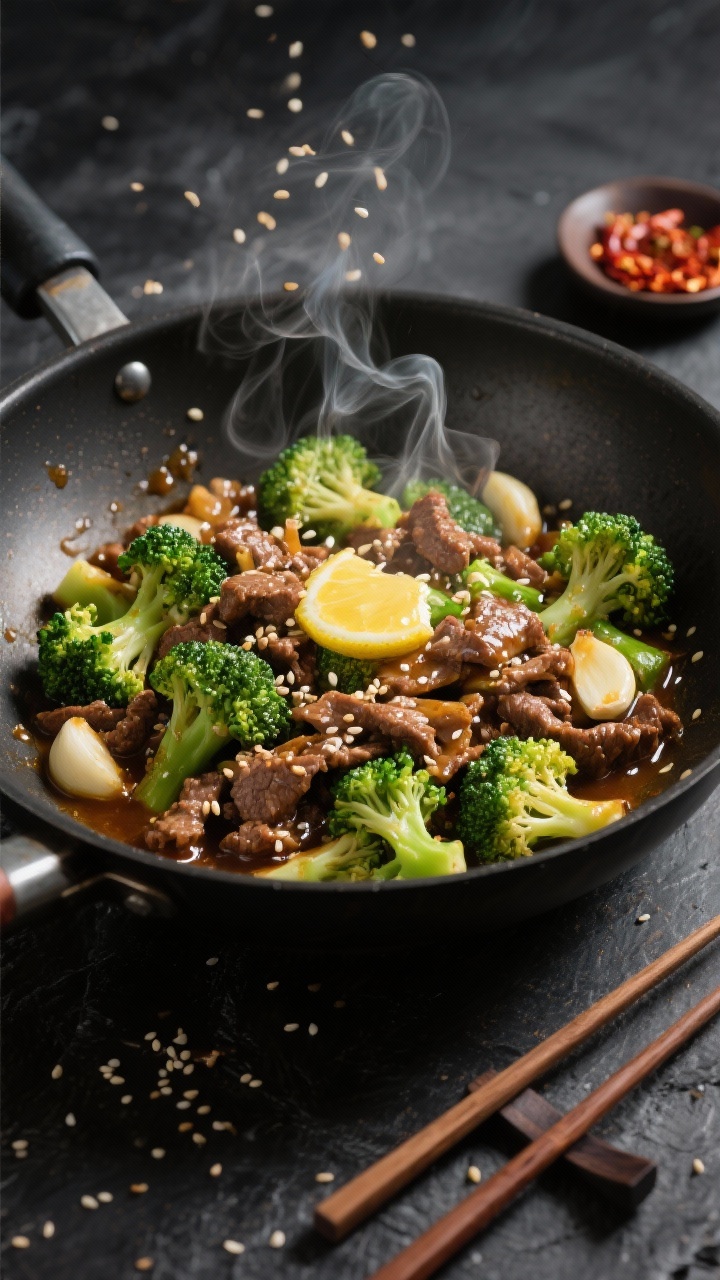 45-degree action shot of one-pan beef and broccoli stir-fry with garlic butter: sizzling wok with tender broccoli florets and thinly sliced ground beef in a glossy soy-garlic-butter sauce, garlic slices visible, steam wafting; scattered sesame seeds and a squeeze of lemon butter pooling; set on a charcoal surface with chopsticks and a small dish of chili flakes; punchy greens against deep browns, buttery sheen emphasized.
