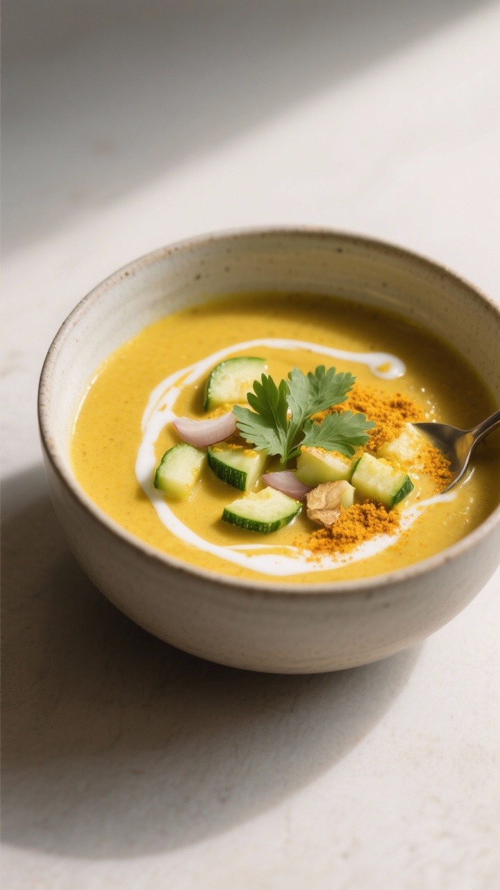 45-degree angle bowl of creamy coconut curry zucchini soup: silky golden-yellow curry broth made with coconut oil, onion, garlic, fresh ginger, and yellow curry powder, with tender chopped zucchini blended smooth and a few sautéed zucchini slices as garnish; swirl of coconut milk, sprinkle of curry powder, cilantro leaves on top; served in a matte ceramic bowl with a spoon, minimalist backdrop, soft diffused light.