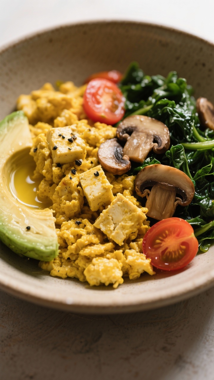 45-degree angle bowl shot of a tofu scramble breakfast bowl: golden crumbled firm tofu tinted with turmeric, sautéed cherry tomato halves and chopped mushrooms, wilted baby kale/spinach, a fan of ripe avocado on the side; a light gloss from olive oil, pinch of black pepper and sea salt visible; served in a matte ceramic bowl with a warm, earthy color palette.