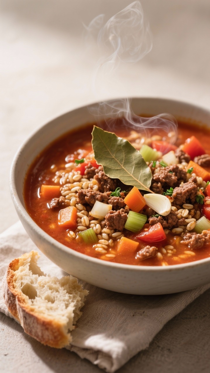 45-degree angle bowl shot of cozy beef, barley, and tomato soup that feeds a crowd: deep bowl filled with a tomato-rich broth dotted with pearly barley, browned ground beef, diced onion, carrots, celery, minced garlic, and Italian seasoning. A bay leaf floats near the surface; steam curls upward. Served with a torn piece of rustic bread on a linen napkin; warm, autumnal tones and gentle side light for comfort.