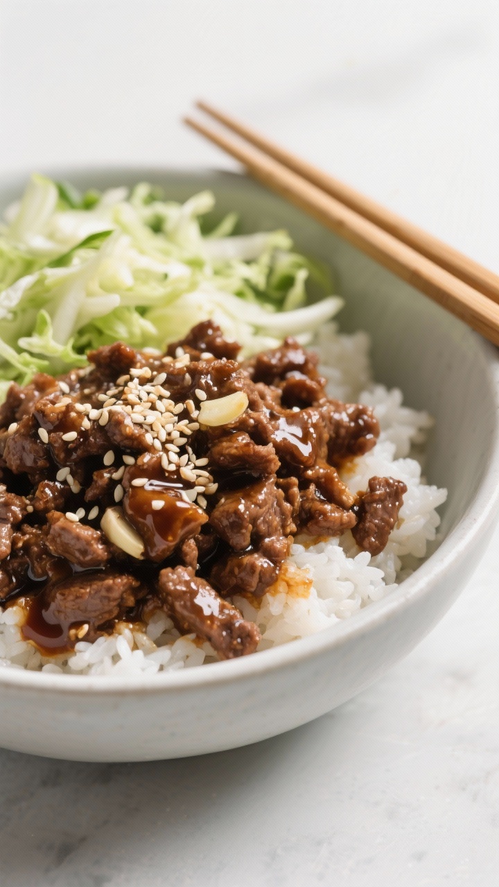 45-degree angle bowl shot of sweet-savory Korean-style beef bowls: glossy ground beef glazed with soy sauce and brown sugar, perfumed with garlic and grated ginger, piled over steamed rice. Topped with a fresh cabbage slaw (thinly sliced cabbage with a light sesame-soy sheen) and a sprinkle of sesame seeds. Clean, modern styling with chopsticks resting on the bowl; saturated browns, greens, and whites, bright, appetizing shine.