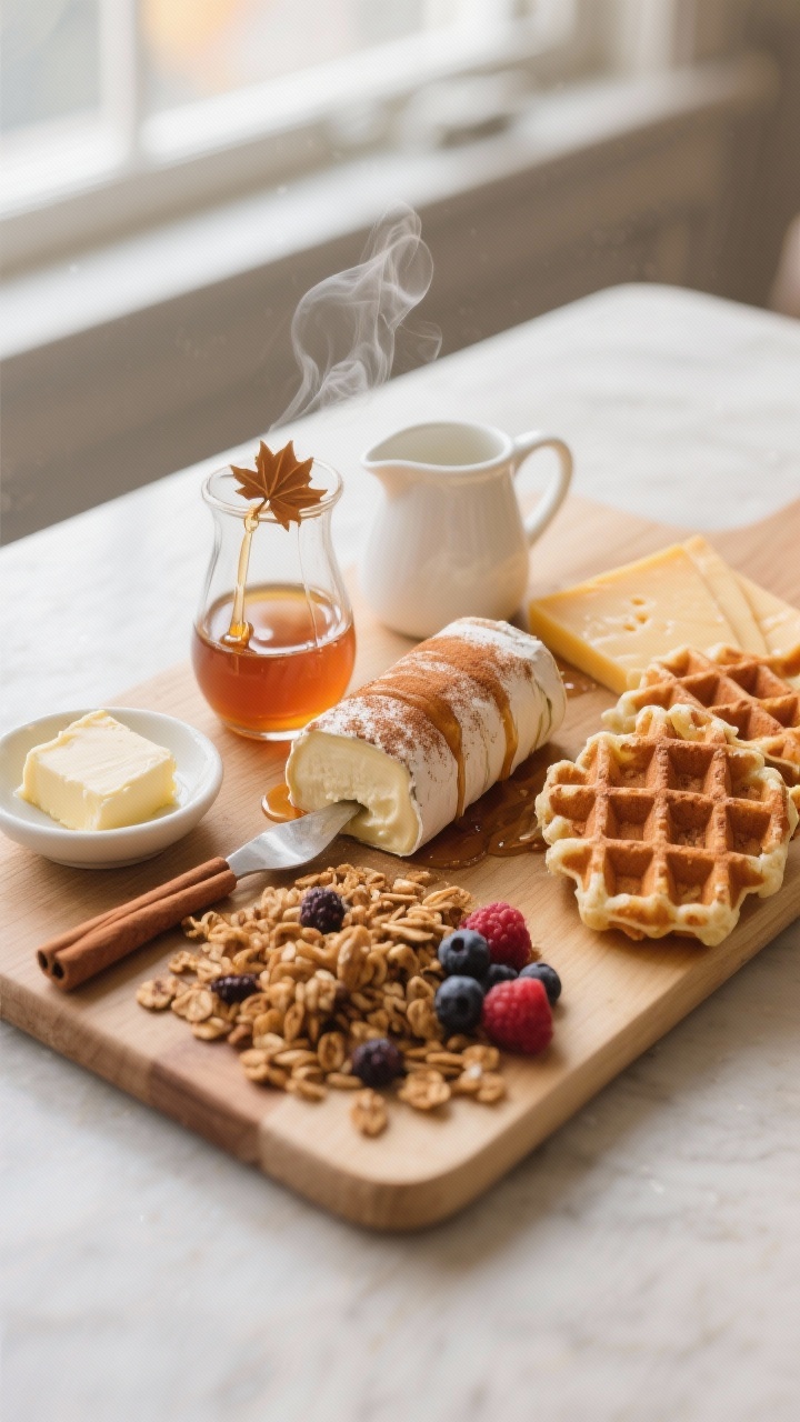 45-degree angle breakfast board for early birds: a cinnamon-dusted goat cheese log with a drizzle of warm maple syrup pooling in a small pourable pitcher, slices of aged gouda, a tidy pile of mini waffles stacked and slightly offset, and clusters of pumpkin spice granola for crunch. Place everything on a light maple board with a soft steam wisp from the syrup. Include a small dish of butter pats and a few fresh berries for color. Cozy morning mood, soft window light, minimal shadows, no people.