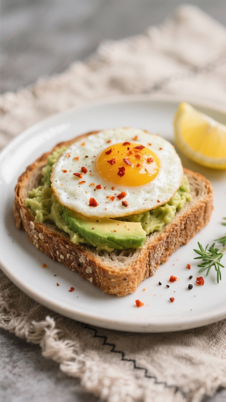 45-degree angle close-up of avocado egg toast: a single slice of whole-grain bread topped with mashed 1/4 avocado, a sunny-side-up egg, a dusting of chili crunch or red pepper flakes, and a pinch of sea salt and black pepper; optional lemon wedge and a few chopped herbs on the side; served on a small white plate over a rustic linen, shallow depth of field emphasizing the runny yolk and chili texture.