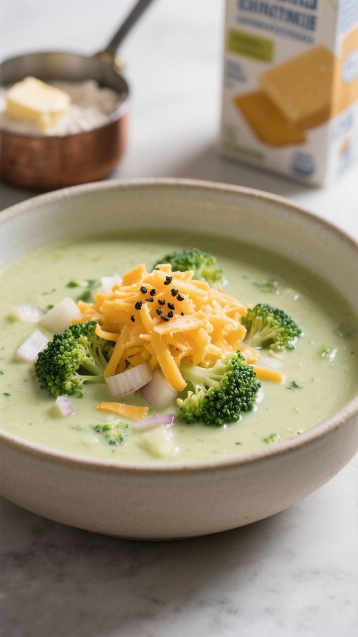 45-degree angle close-up of creamy broccoli cheddar soup in a neutral ceramic bowl, lush pale green base with tender broccoli florets, visible flecks of onion and garlic, silky texture from milk and roux; topped with a generous mound of freshly grated sharp cheddar and a grind of black pepper; a small saucepan with butter and flour roux and a carton of broth blurred in the background.