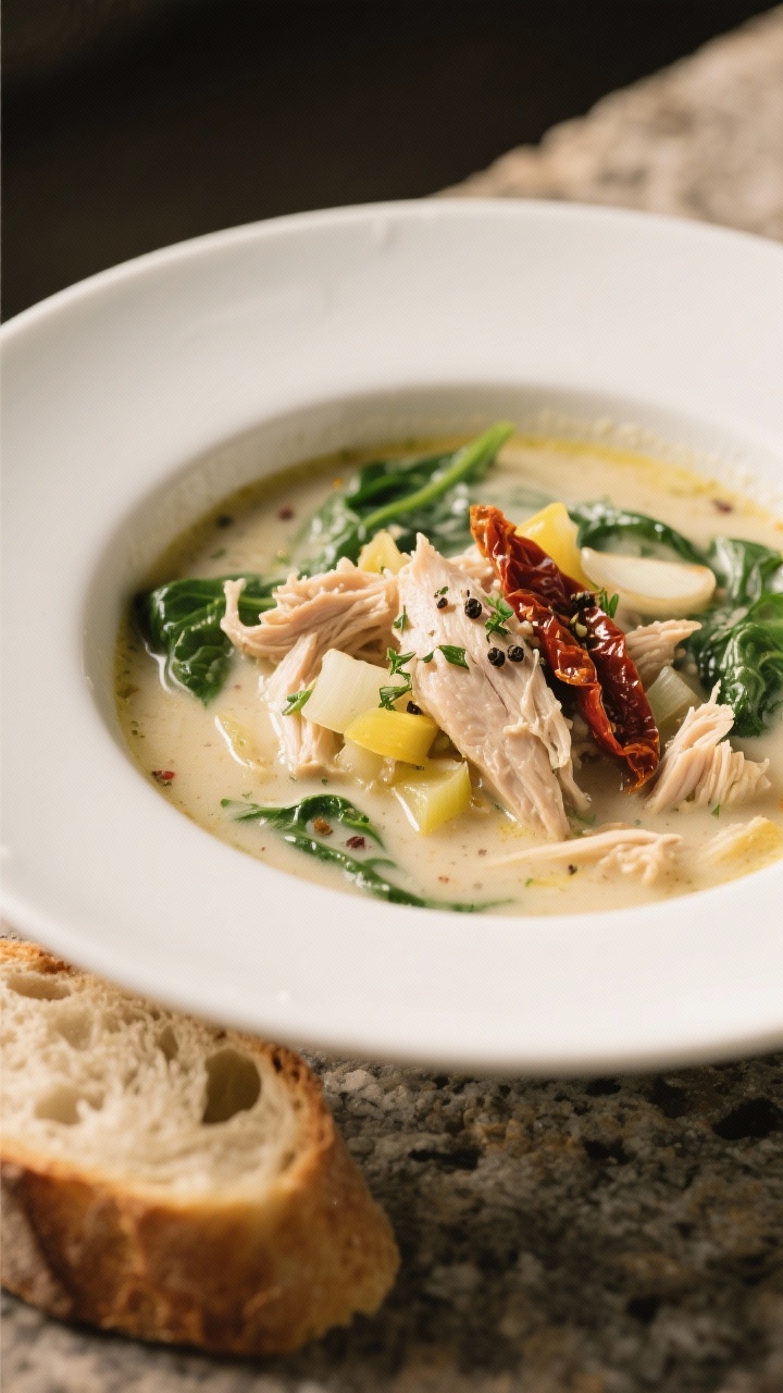 45-degree angle close-up of creamy Tuscan chicken soup ladled into a wide white bowl: tender shredded chicken thighs, diced yellow onion, minced garlic, ribbons of sun-dried tomatoes, flecks of Italian herbs, and a swirl of light creaminess; garnished with baby spinach wilting into the broth and cracked pepper; served on a stone countertop with a piece of crusty bread on the side, warm, cozy mood, soft diffused lighting.