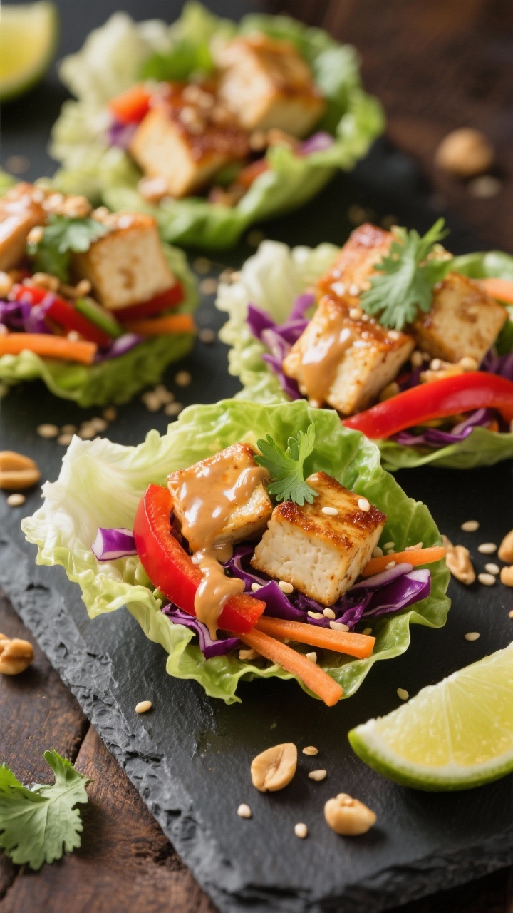 45-degree angle close-up of crunchy Thai-inspired peanut tofu lettuce wraps: butter lettuce cups filled with sesame oil–seared extra-firm tofu cubes, thin red bell pepper, shredded purple cabbage, and julienned carrot; drizzled with glossy peanut sauce and sprinkled with crushed peanuts and cilantro; arranged on a slate board with lime wedges, vibrant and crisp.
