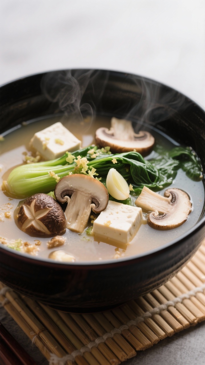 45-degree angle close-up of miso-ginger mushroom soup with tofu and greens: clear dashi/vegetable broth infused with grated fresh ginger and sliced garlic, showcasing a medley of sliced shiitake, cremini, and oyster mushrooms, tender tofu cubes, and wilted greens; finished with a small splash of low-sodium soy sauce; served in a black lacquer bowl on a bamboo mat, serene steam, minimalist Japanese aesthetic.