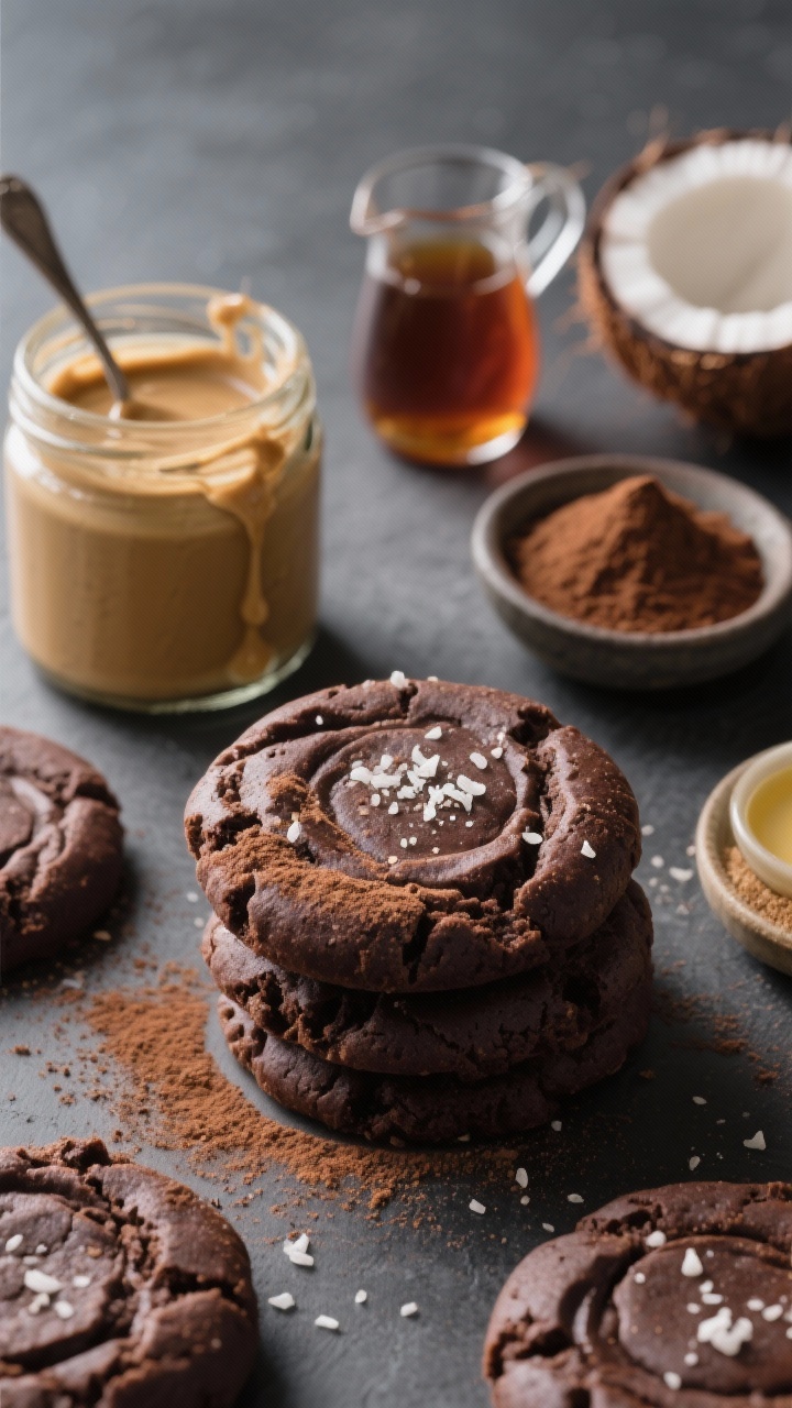 45-degree angle close-up of no-bake salted tahini chocolate cookies dusted with fine espresso powder; luscious dark cocoa-tahini surface with faint swirl, delicate sprinkle of flaky sea salt; props include a jar of well-stirred tahini with spoon drips, maple syrup in a mini pitcher, coconut sugar in a ramekin, coconut oil in a small dish, cocoa powder and instant espresso powder labeled; moody, modern backdrop with matte slate, soft side light for contrast.