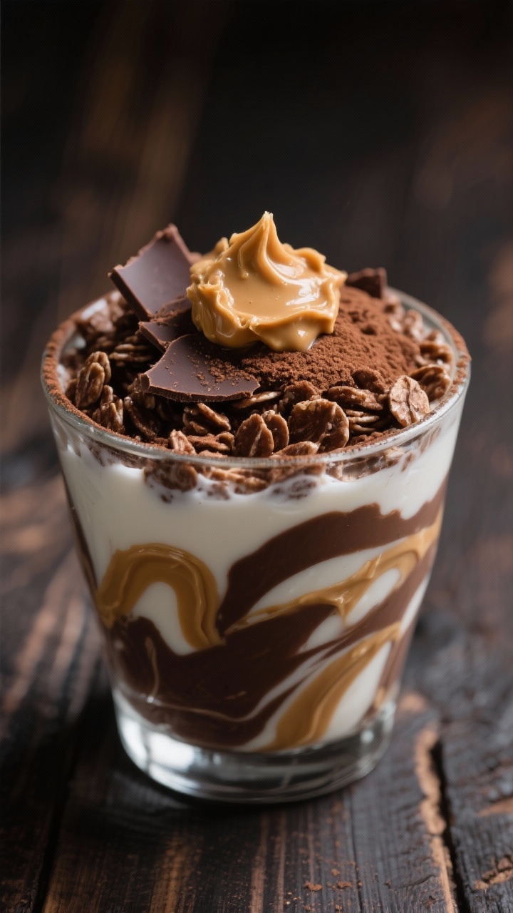 45-degree angle close-up of Peanut Butter Cup oats in a low glass tumbler: thick, chocolatey oats from unsweetened cocoa powder marbled with natural peanut butter ribbons, milk of choice and Greek yogurt base; topped with a dollop of peanut butter, cocoa dust, and a few chocolate shavings; dark wood backdrop for dessert vibe, soft side lighting highlighting velvety sheen, shallow depth of field for indulgent texture.