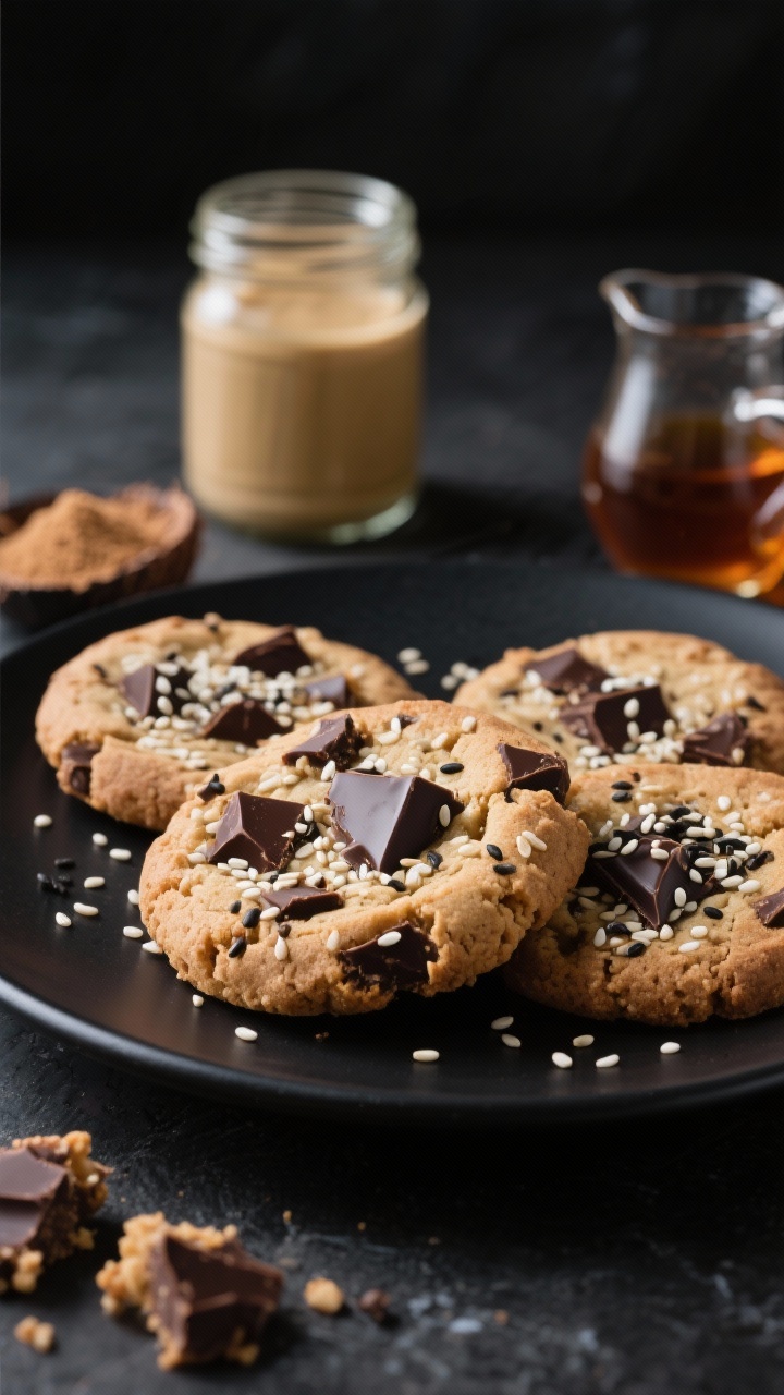 45-degree angle close-up of tahini chocolate chunk cookies with sesame crunch on a matte black plate; glossy dark chocolate chunks melting into the cookie surface, sprinkled with white and black sesame seeds; a jar of well-stirred tahini, coconut sugar, and a small pitcher of maple syrup styled behind; shallow depth of field, moody lighting highlighting the nutty sheen and crackly tops.