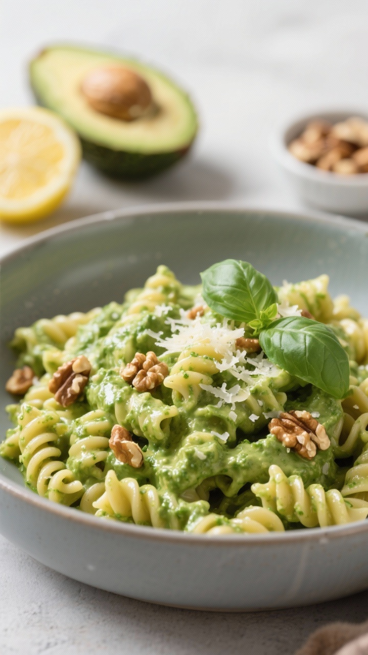 45-degree angle close-up of whole-wheat rotini coated in ultra-creamy avocado pesto, the sauce speckled with fresh basil and toasted pine nuts; a soft sheen of extra-virgin olive oil glistens on the curls, with a shower of finely grated cheese melting into the sauce; plated in a shallow matte bowl, garnished with basil leaves and crushed walnuts, with a cut avocado, lemon wedges, and a small dish of nuts blurred in the background; bright green, velvety texture, clean modern styling.