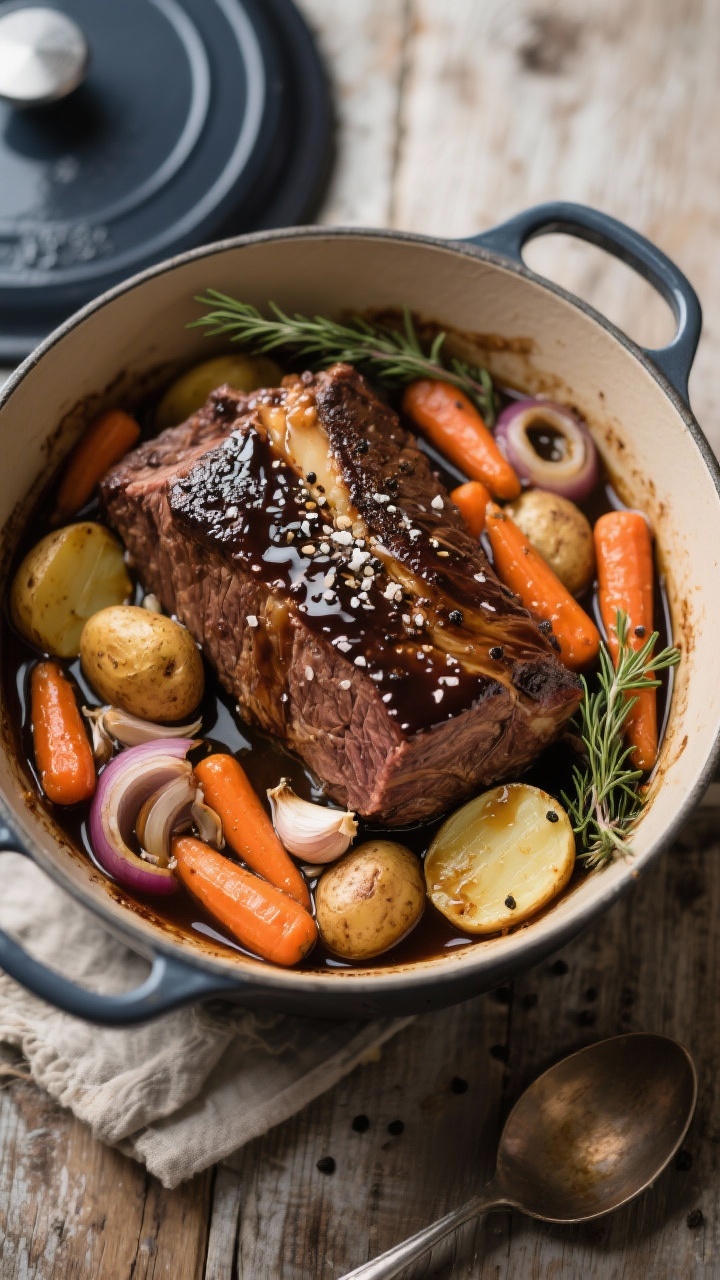 45-degree angle Dutch-oven shot of balsamic glazed pot roast: beef chuck roast nestled with baby carrots and halved baby potatoes, sliced onion, smashed garlic, and a glossy balsamic glaze pooling at the bottom; optional seared crust visible on the roast, sprinkled with kosher salt and black pepper; vegetables tender and glistening, thyme sprigs for aroma styling; homey Sunday-supper mood on a rustic table with ladle nearby.