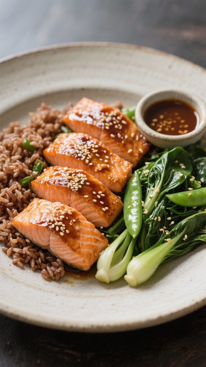 45-degree angle final dish of Ginger-Miso Salmon with Sesame Greens and Brown Rice: four glistening salmon fillets, skin-on and lacquered with ginger-miso glaze, served alongside warm brown rice and sautéed sesame baby bok choy with snap peas and spinach; light sesame oil sheen and a sprinkle of sesame seeds; plated on a minimalist stoneware plate with a small bowl of miso glaze in frame.