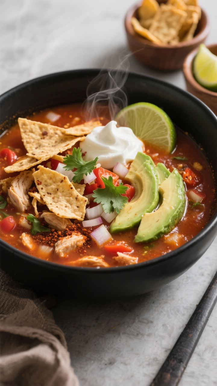 45-degree angle, final plated weeknight chicken tortilla soup in a matte black bowl: tomato-chile broth with diced onion, minced garlic, cumin, chili powder, and smoked paprika; topped generously with crunchy tortilla strips, avocado slices, cilantro, lime wedge, and a dollop of sour cream; steam rising slightly; side ramekins with extra tortilla strips and lime; warm, cozy weeknight vibe, shallow depth of field.