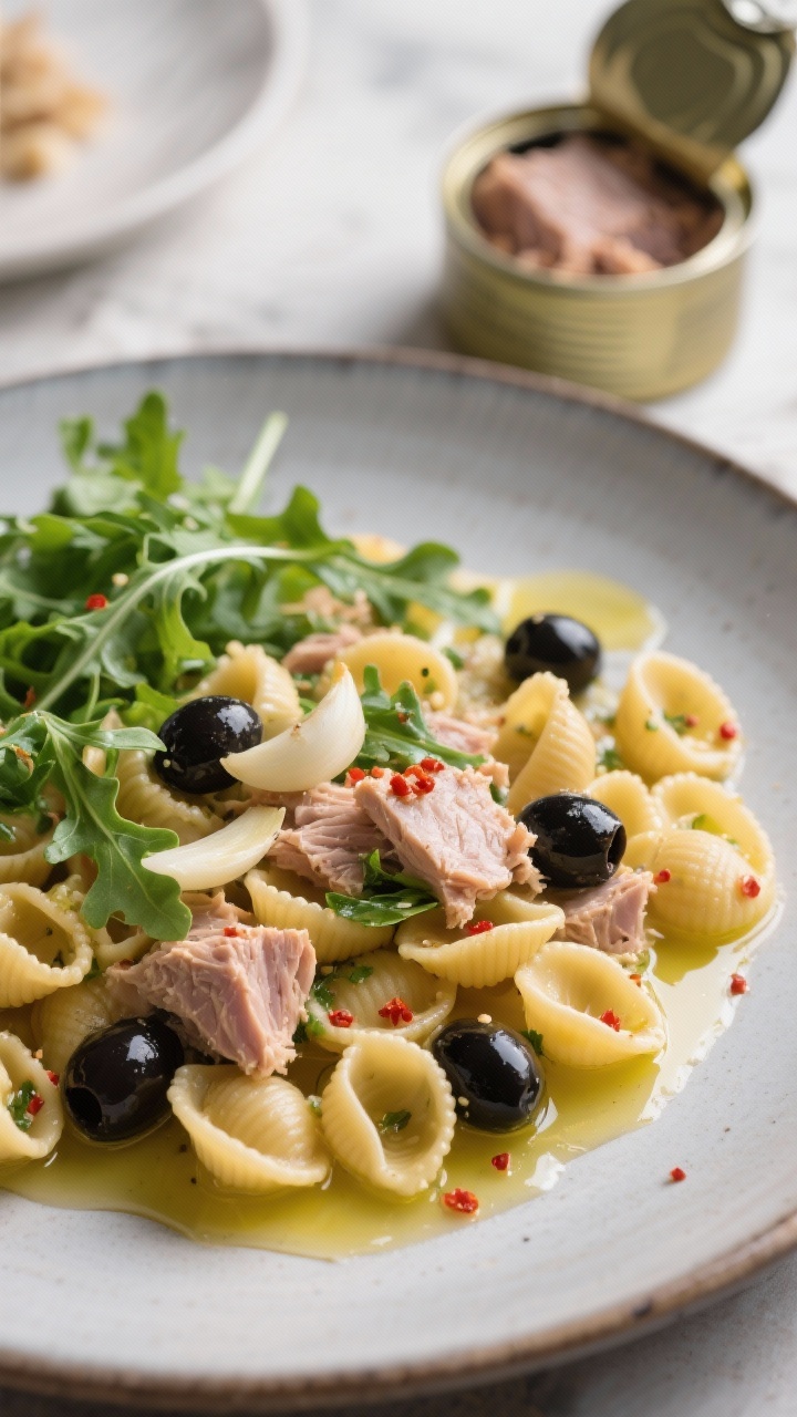 45-degree angle ingredient-forward plated scene of orecchiette folded with flaky high-quality tuna, briny black olives, peppery arugula, and thinly sliced sautéed garlic; a gentle drizzle of extra-virgin olive oil pools on the pasta’s cupped shapes, with a few red pepper flakes catching the light; served on a large flat plate, extra arugula and a tin of tuna opened in the background for context; vibrant, coastal Italian energy, crisp focus on textures.