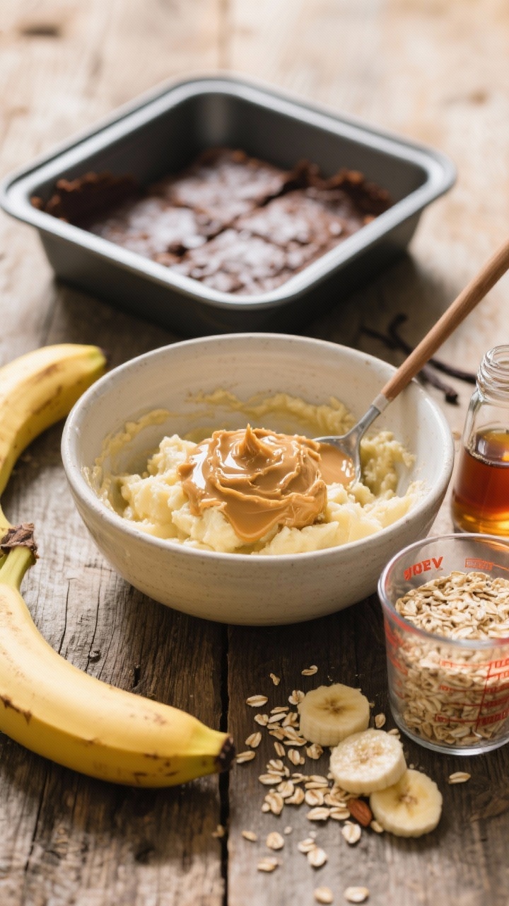 45-degree angle ingredient-prep shot for banana oat breakfast brownies: a mixing bowl with mashed ripe bananas, almond butter dolloped on top, a drizzle of pure maple syrup, and vanilla extract ready to stir, with 1 1/2 cups rolled oats measured in a clear cup beside. Scatter a few oats and banana slices on a rustic wooden surface; show a lined square pan in the background ready for batter. Morning light, wholesome breakfast vibe.