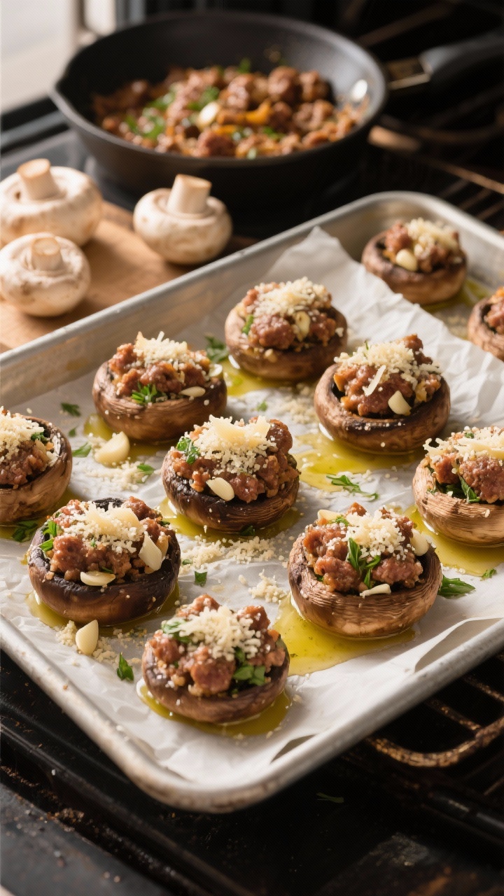 45-degree angle ingredient-to-oven transition shot for herbed sausage-stuffed mushrooms: a parchment-lined tray of cremini mushroom caps filled with browned Italian sausage mixture, minced garlic, finely chopped mushroom stems, and herbs; crowned with Parmesan breadcrumbs glistening with a little olive oil; extra olive oil drizzled lightly; raw caps and a skillet with sautéed filling visible nearby; warm kitchen light to highlight the crumb texture.