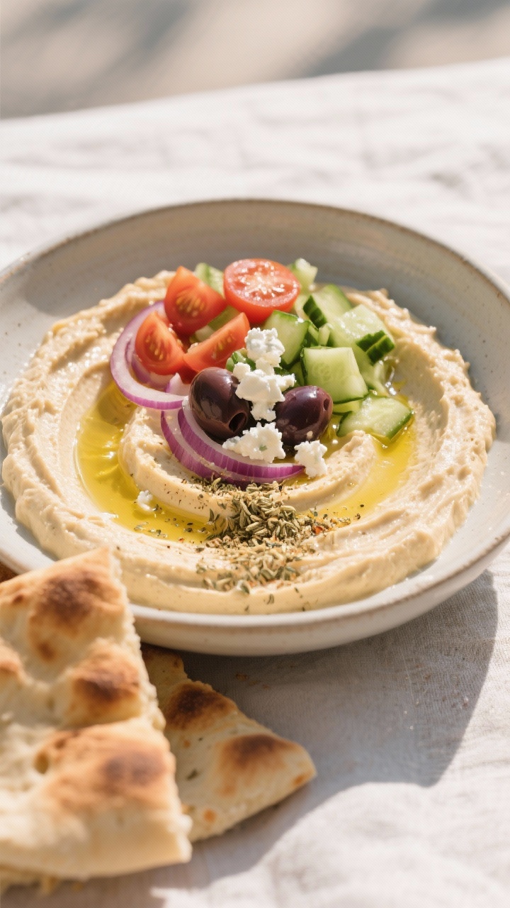 45-degree angle Mediterranean hummus bowl: creamy hummus swirled into a wide shallow bowl, topped with chopped cucumber, halved cherry tomatoes, thin red onion, Kalamata olive halves, crumbled feta, a glug of olive oil, and a dusting of za’atar for crunch; warm pita wedges leaning on the bowl; sunlit scene on a light linen, colors clean and vibrant, Mediterranean mood.