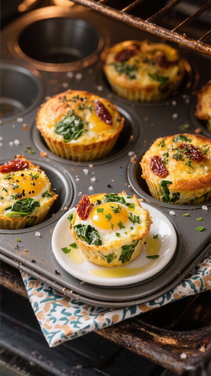 45-degree angle muffin tin scene of Mediterranean Egg Muffins just baked: golden tops flecked with dried oregano, black pepper, and sea salt, studded with chopped baby spinach and sun-dried tomatoes; a few muffins plated on a small white dish with a sprinkle of chopped herbs, drips of olive oil sheen, and a napkin with subtle Mediterranean pattern; warm oven-side lighting, slight vignette.