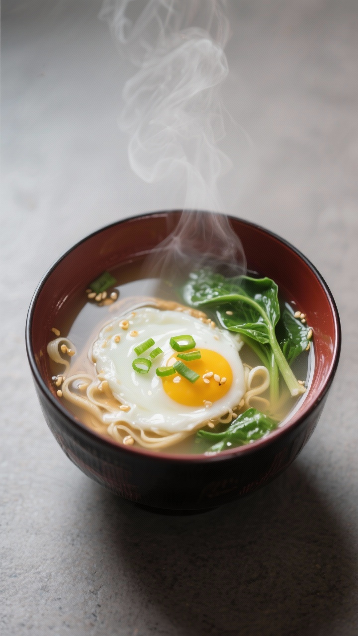45-degree angle of a single-serving miso egg drop soup in a small lacquered bowl: clear low-sodium broth infused with white/yellow miso, silky egg ribbons gently floating, a few drops of sesame oil glistening on the surface, finely sliced green onion scattered; optional baby spinach leaves just wilted; light steam rising, minimalist Japanese-inspired styling.