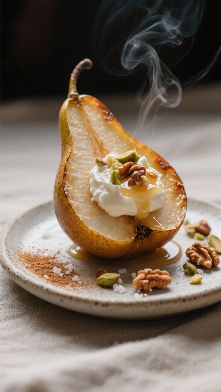 45-degree angle of a warm cinnamon pear half fresh from the oven on a small stoneware plate: ripe pear halves caramelized at the edges, dusted with cinnamon, dolloped with whipped whole-milk ricotta scented with vanilla, light honey drizzle, sprinkle of chopped walnuts/pistachios, pinch of flaky salt; steam subtly visible, neutral linen backdrop, cozy nighttime mood.