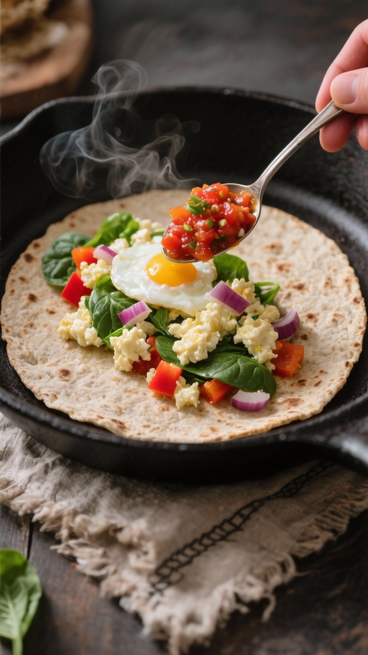 45-degree angle of an open whole grain/low-carb tortilla on a warm skillet, being filled with an egg white veggie scramble: fluffy egg whites with chopped bell pepper, red onion, and wilted baby spinach; a spoonful of chunky salsa poised to go on top; steam visible, vibrant colors popping against a matte black pan, rustic linen nearby for a cozy breakfast feel.
