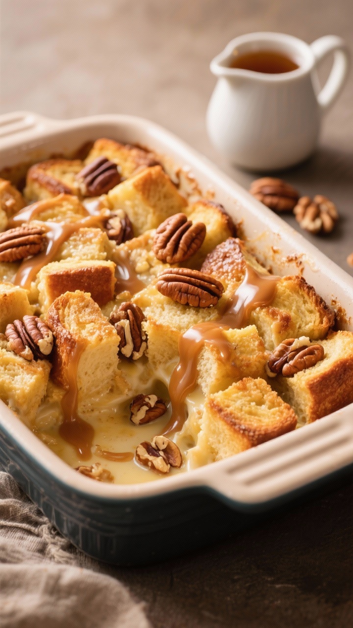 45-degree angle of maple pecan bread pudding in a ceramic baking dish: golden, custard-soaked cubes of brioche/challah with toasted pecans peeking through, draped with a glossy cinnamon glaze cascading down the ridges; a small pitcher of maple syrup and scattered pecan pieces nearby; warm, cozy light emphasizing custardy interior and crisp top.