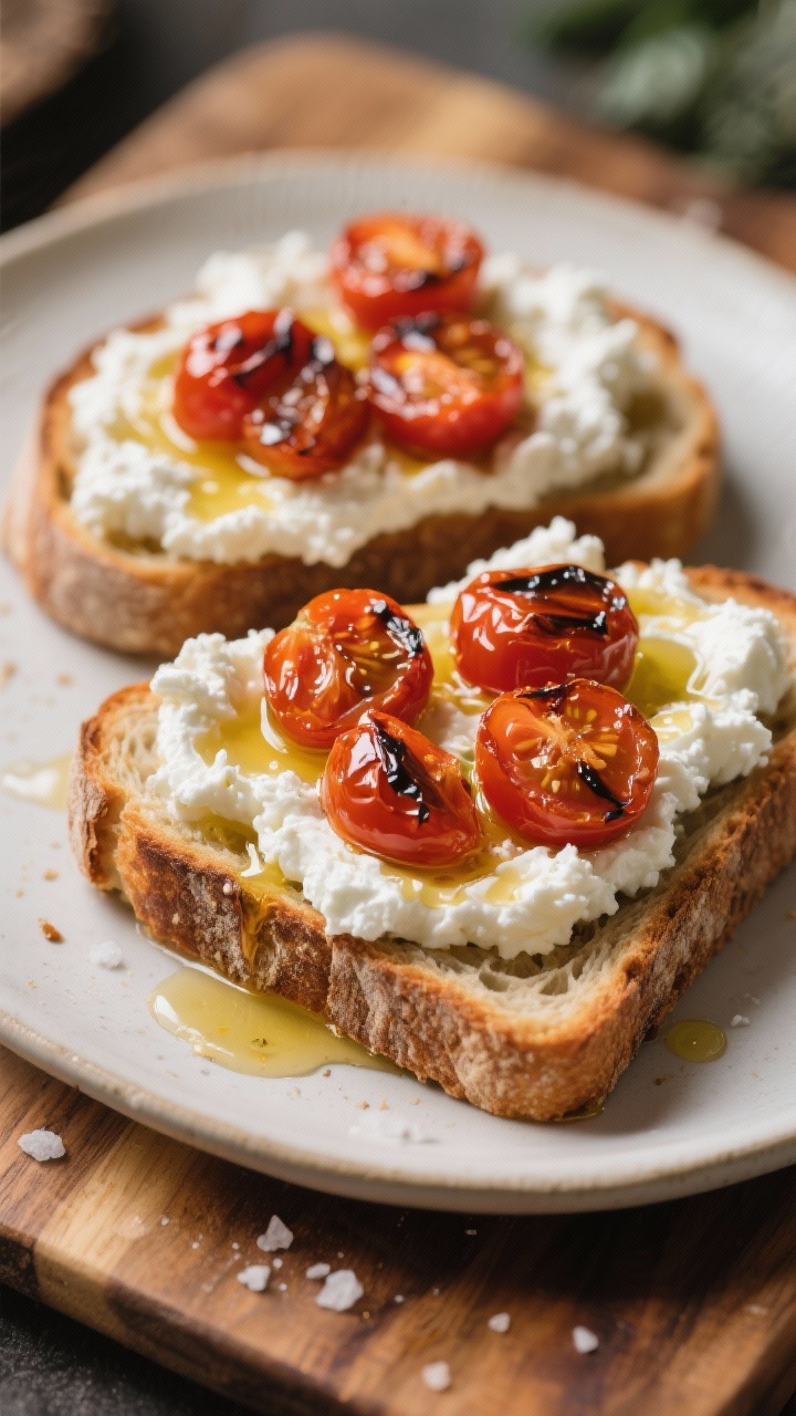 45-degree angle of Savory Cottage Cheese Toast: two slices of hearty sourdough piled high with creamy full-fat cottage cheese, crowned with blistered cherry tomatoes glistening in olive oil and kissed with hot honey; a pinch of salt visible on the crust; tomatoes slightly burst, sticky-sweet drips on the plate, warm rustic vibe on a wooden board.