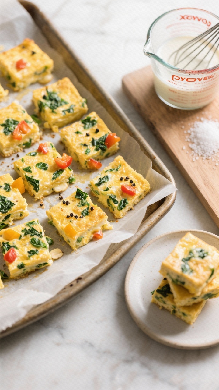 45-degree angle of Sheet-Pan Egg Bites cooling on a parchment-lined sheet pan: golden, puffed squares studded with chopped spinach and diced bell pepper, flecks of black pepper and garlic powder visible; a glass measuring cup with whisked eggs and milk nearby, a sprinkle of kosher salt on the board; clean, grab-and-go vibe with a few bites stacked on a small plate, soft natural light.
