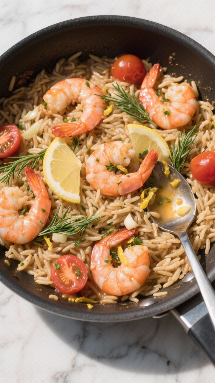45-degree angle one-pot shot: lemon dill Greek orzo with shrimp in a wide sauté pan—plump pink shrimp nestled in glossy whole-wheat orzo simmered in low-sodium broth, flecks of minced garlic and shallot, ribbons of fresh dill, lemon zest and wedges, a few halved cherry tomatoes for color; silky starchy sauce clinging to orzo, spoon trail visible, sunlit Mediterranean vibe on a marble surface.