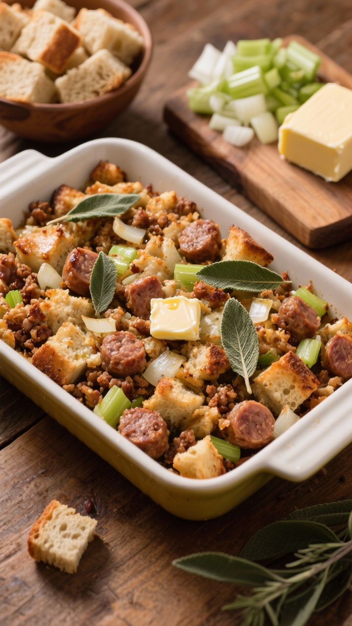 45-degree angle pan shot of Crispy-Sage Sausage Stuffing in a rectangular baking dish: bronzed sourdough cubes, craggy edges, juicy Italian sausage crumbles, celery and finely chopped onion tucked between, and crispy fried sage leaves scattered on top. Butter gloss visible on the surface. Surround with a bowl of day-old sourdough 1-inch cubes, a pile of chopped celery and onion, and a stick of unsalted butter on a wooden board. Warm, cozy autumn tones.