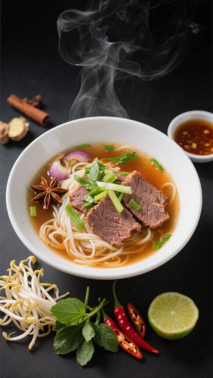 45-degree angle pho-inspired beef noodle soup in a large white bowl: clear amber beef broth perfumed with star anise, cloves, cinnamon, ginger, and onion, thin rice noodles submerged; topped with thinly sliced beef, scallions, and fresh herbs; sides of bean sprouts, Thai basil, lime wedges, sliced chili, and a small dish of fish sauce; wisps of steam rising, minimalist dark background to emphasize aromatics.