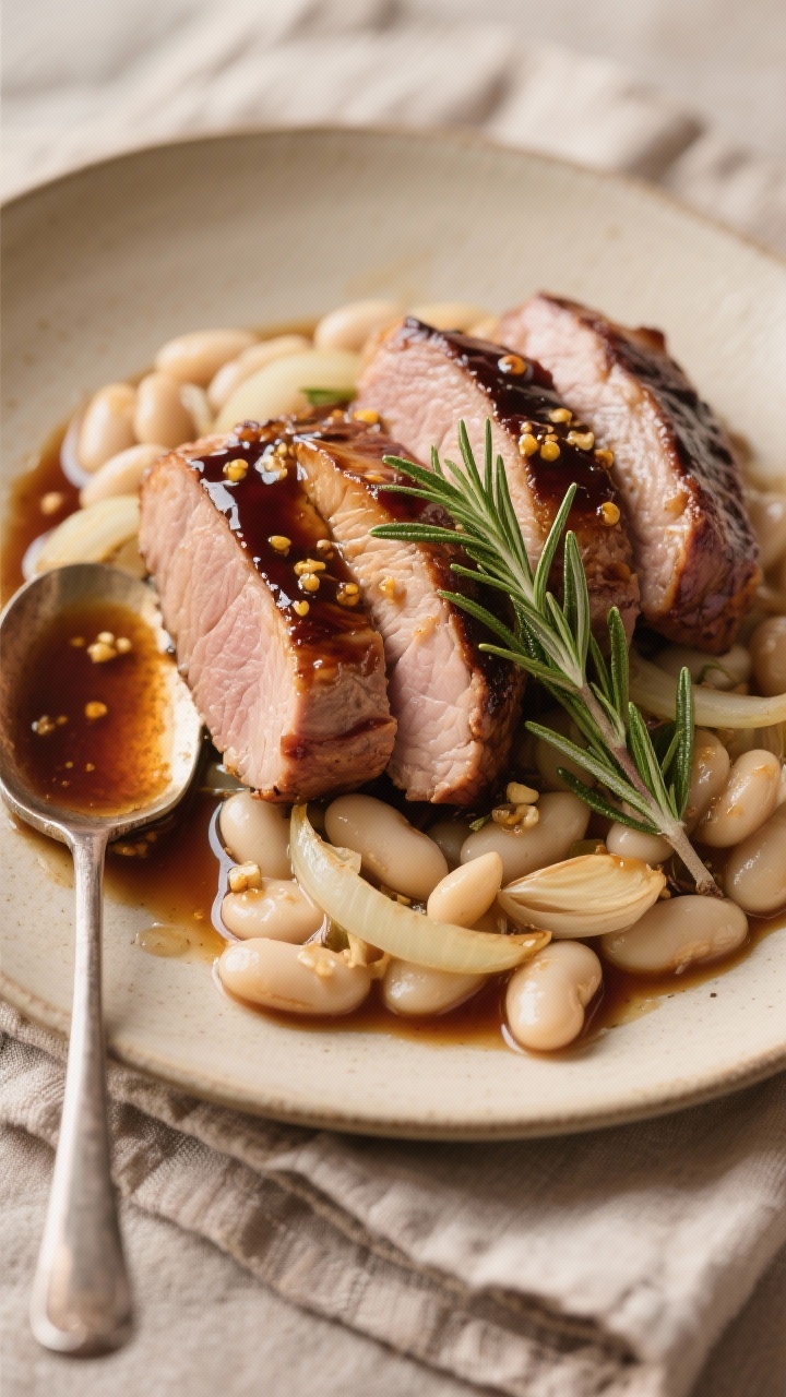 45-degree angle plated Balsamic Rosemary Pork Tenderloin with White Beans: medallions of juicy pork tenderloin lacquered with a balsamic and Dijon glaze, flecked with fresh rosemary; served over creamy cannellini beans simmered with sliced onion and smashed garlic; pan juices spooned over, a rosemary sprig garnish, warm neutral plateware, gentle highlights on the balsamic sheen, rustic linen beneath.