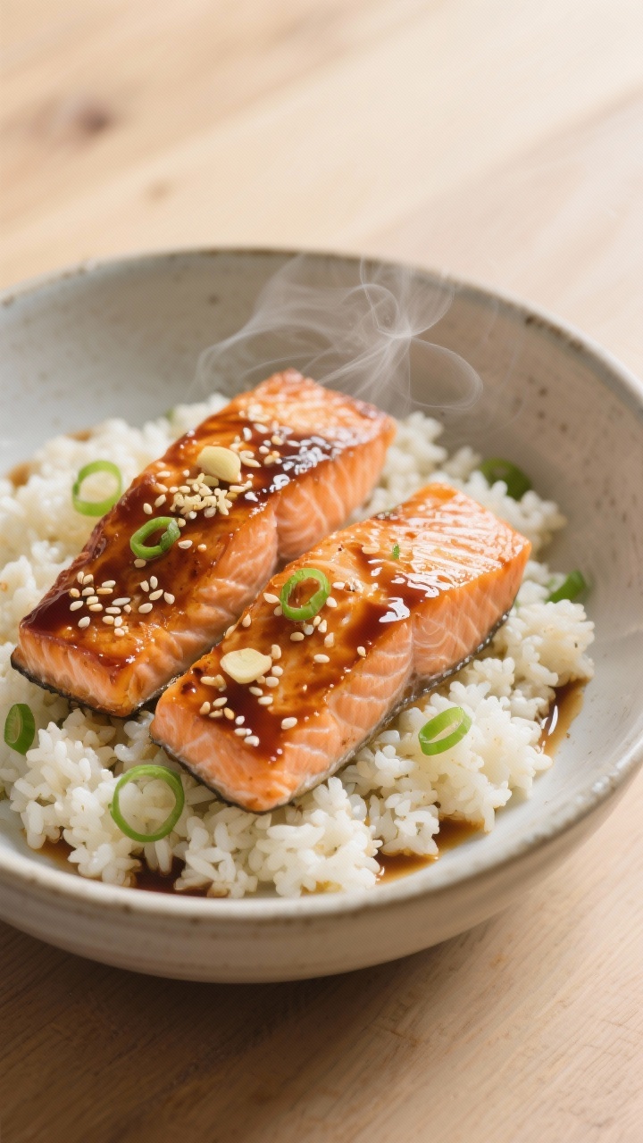 45-degree angle plated bowl of ginger-garlic salmon over cauliflower “rice.” Two 4 oz salmon fillets lacquered with a tamari-soy, honey, rice vinegar glaze, speckled with grated fresh ginger and garlic, finished with a whisper of sesame oil. Fluffy cauliflower rice underneath, sprinkled with sesame seeds and thin scallion rings; steam subtly rising, glossy glaze highlights, minimalist ceramic bowl on a light wood table for an Asian-inspired, wholesome feel.