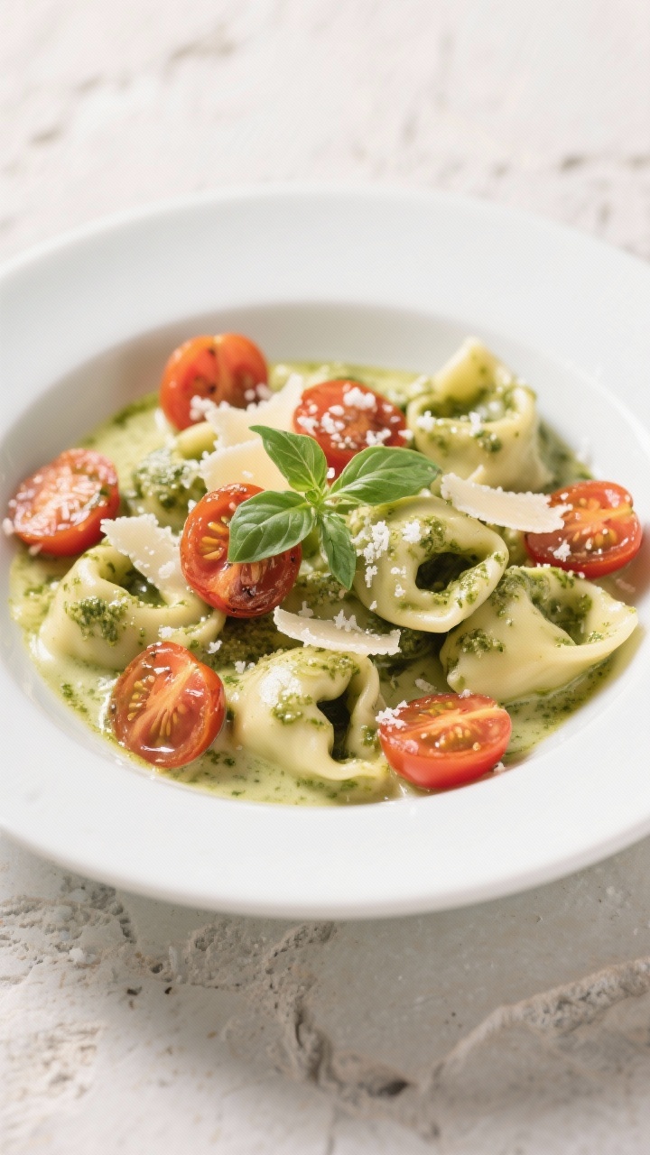 45-degree angle plated close-up of creamy pesto tortellini: cheese tortellini coated in basil pesto and a touch of cream for a silky sheen, burst cherry tomatoes (halved, lightly blistered) tucked throughout, grated Parmesan snow over top, micro-basil garnish, shallow white bowl on a light stone backdrop, bright fresh Italian vibe.