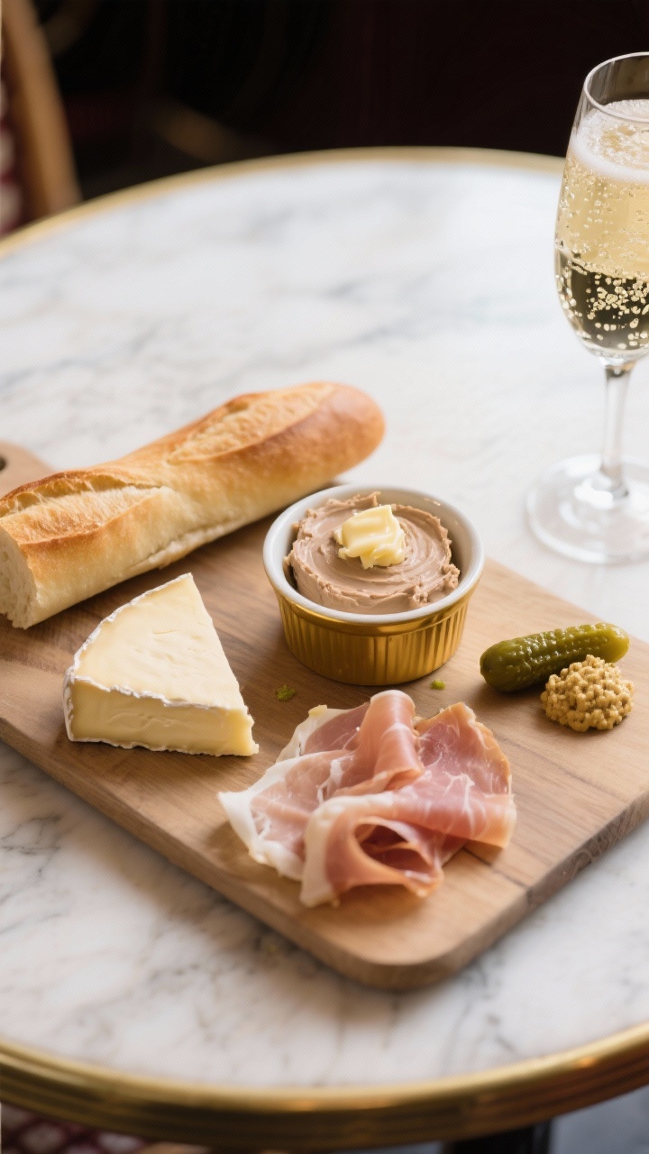 45-degree angle plated Parisian bistro board with champagne ambiance on a marble bistro table: silky pâté or mousse in a small ramekin with a gold butter sheen, oozy triple-cream brie wedge, neat slices of aged Comté or Gruyère, delicate ribbons of jambon de Paris or prosciutto, and a petite cornichon and Dijon mustard cluster. Serve with a sliced baguette end and a coupe glass with bubbles out of focus. Soft, elegant lighting, Parisian minimal styling, focus on creamy and nutty textures.
