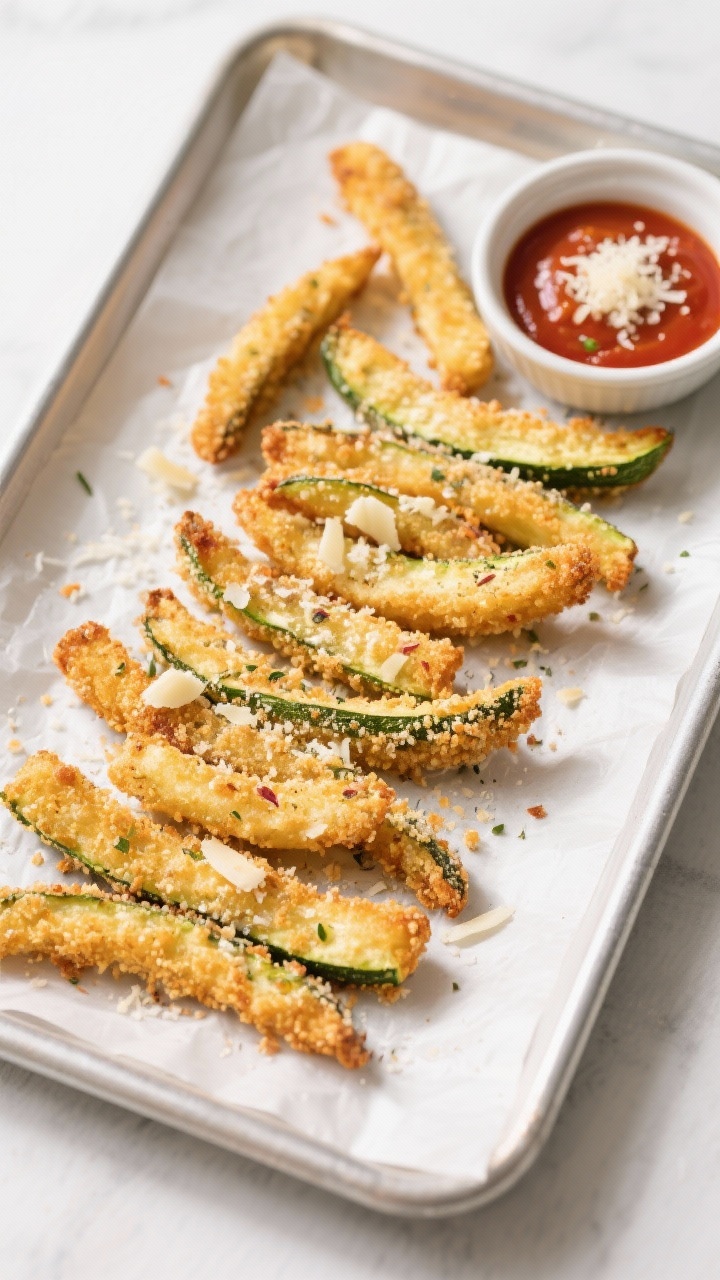 45-degree angle plated presentation of crispy baked zucchini Parmesan fries on a parchment-lined sheet pan, golden panko-Parmesan crust with visible Italian seasoning and garlic specks, arranged in tidy rows; a small bowl of marinara dipping sauce and a sprinkle of extra finely grated Parmesan; bright, clean lighting emphasizing crunch and texture