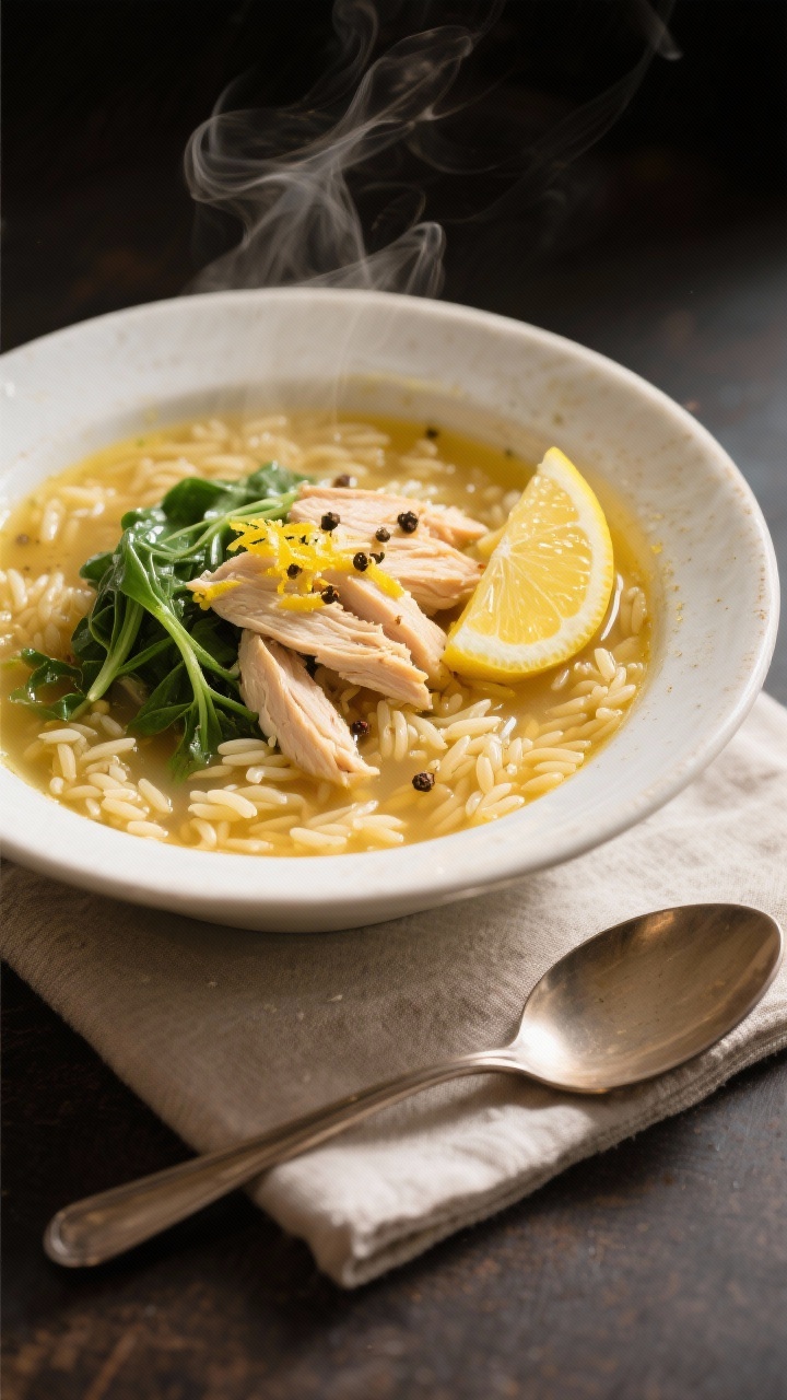 45-degree angle plated presentation of lemon orzo chicken soup in a wide rimmed bowl, golden chicken broth shimmering, tender orzo pearls visible, generous shreds of rotisserie chicken, ribbons of baby spinach just wilted, bright lemon zest sprinkled on top with a lemon wedge on the side; steam rising, pepper flecks, a soup spoon resting on a linen napkin; warm, comforting mood like a hug.