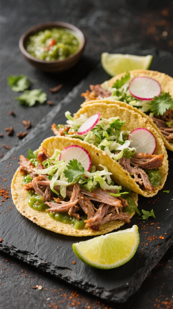 45-degree angle plated presentation of salsa verde shredded pork tacos: juicy pork shoulder pulled into strands, seasoned with cumin, chili powder, kosher salt, and black pepper, bathed in bright salsa verde; tucked into warm corn tortillas and topped with vibrant cilantro-lime slaw (shredded cabbage, cilantro, lime zest), thin radish slices, and a squeeze of lime; slight sheen from the salsa, contrasting crisp slaw; styled on a dark slate board with a small bowl of extra salsa verde and lime wedges, tack-sharp focus.