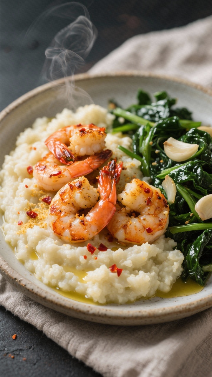 45-degree angle, plated presentation of Spicy Shrimp over Cauliflower “Grits” with Garlic Greens: creamy cauliflower mash made from riced cauliflower simmered in low-sodium broth and unsweetened almond milk, finished with nutritional yeast for a cheesy hue; topped with chili-dusted, pan-seared shrimp with a slight char. On the side, glossy garlicky sautéed greens (kale or chard) wilted in ghee/olive oil. Served in a shallow stoneware bowl, a drizzle of ghee and red pepper flakes on top, steam visible. Neutral linen, dark slate background for contrast, tight depth of field to highlight the creamy grits texture and spicy shrimp.