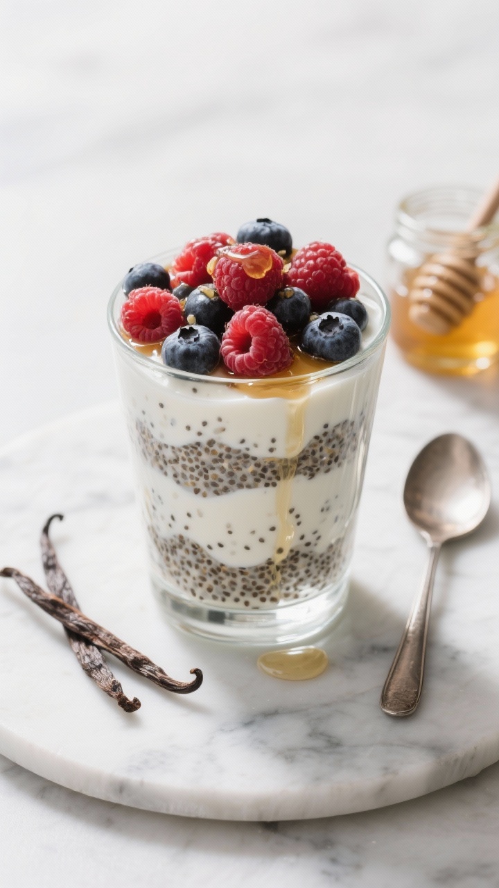 45-degree angle plated shot of a Creamy Chia Yogurt Parfait in a clear glass: layers of plain 2% Greek yogurt mixed with chia seeds, loosened with unsweetened almond milk, scented with pure vanilla extract, lightly drizzled with honey or maple syrup, topped with a generous mix of fresh berries; visible chia specks in the creamy yogurt, honey glistening, berries vibrant and dewy; set on a marble surface with a small jar of honey, vanilla pod, and a spoon.