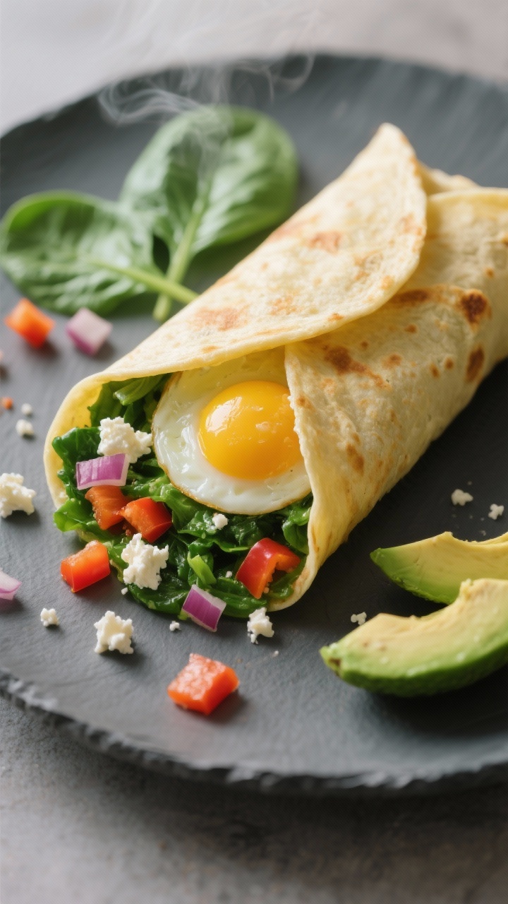 45-degree angle plated shot of a Green Glow Egg Wrap that eats like a burrito: a golden egg wrap made from 2 large eggs and 2 large egg whites folded around chopped fresh spinach, diced bell pepper, crumbled feta, sliced 1/4 small avocado, and a sprinkle of chopped red onion. The wrap is cut on a bias to reveal the vibrant green interior; a few spinach leaves and bell pepper dice scattered on a matte slate plate. Natural side light, soft shadows, clean modern styling, steam subtly visible.