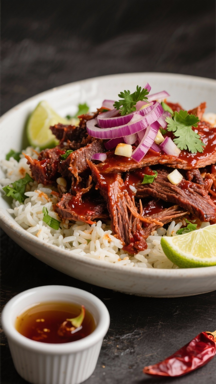 45-degree angle plated Smoky Chipotle Beef Barbacoa bowl: succulent shredded beef chuck roast coated in deep red chipotle-in-adobo sauce, with chopped onion and garlic notes, over cilantro-lime rice; topped with quick-pickled red onions, fresh cilantro, lime wedges, and a drizzle of the rich adobo-beef broth; moody backdrop, shallow depth of field highlighting juicy strands of beef, a small ramekin of apple cider vinegar and extra chipotles in frame.