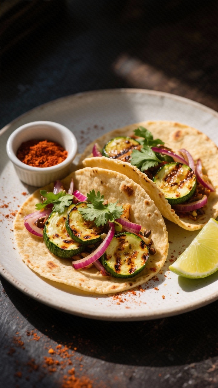 45-degree angle plated street-style zucchini tacos: warm corn tortillas filled with smoky sautéed zucchini half-moons, thin red onion ribbons, a dusting of ground cumin and smoked paprika visible on the veg, lightly charred edges, garnished with fresh cilantro and lime wedges; a small ramekin with paprika and cumin nearby; moody but vibrant colors with directional side light, shallow depth of field.